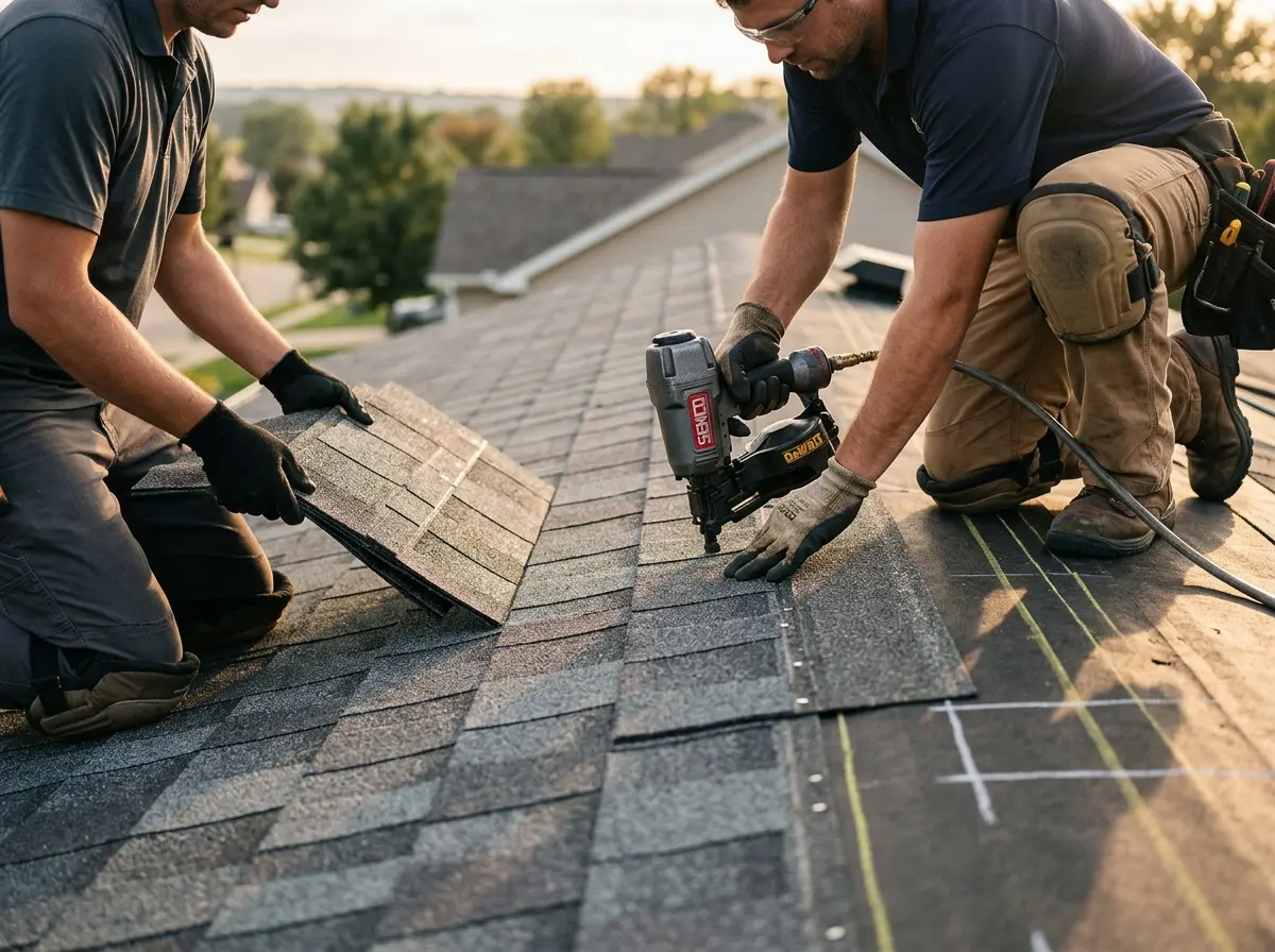 Professional roofer working on a residential roof in Woodfield